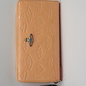 VIVIENNE WESTWOOD Long Zippy Wallet Embossed Patent Leather Gold Orb Peach Pink